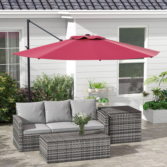 Parasol déporté 3m suspendu en aluminium avec rotation à 360°, manivelle, inclinaison, base croisée, rouge