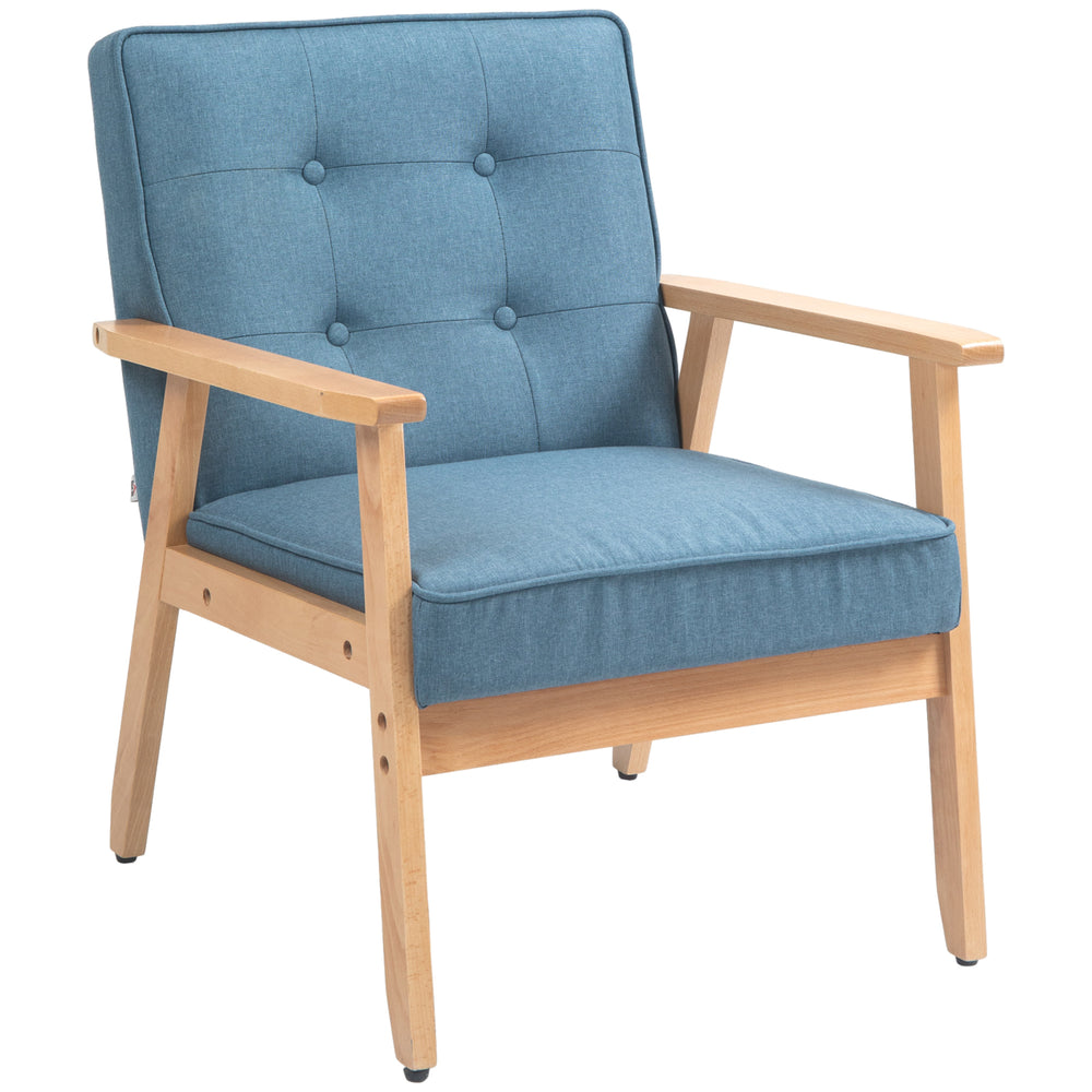 Fauteuil d'appoint moderne en tissu avec dossier capitonné et pieds en bois, bleu