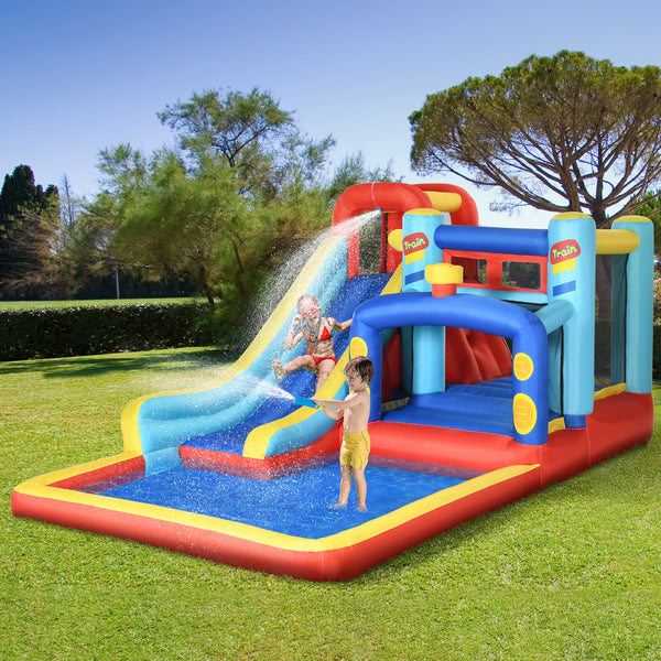 Château gonflable 4 en 1 (4,3 x 2,4 m) avec toboggan, mur d'escalade, zone de saut, piscine et souffleur