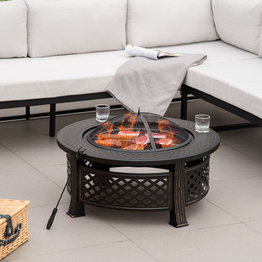 Outsunny Outdoor Fire Pit with Grill, Mesh Lid, Poker, for Camping, Bonfire, Picnic, Bronze
