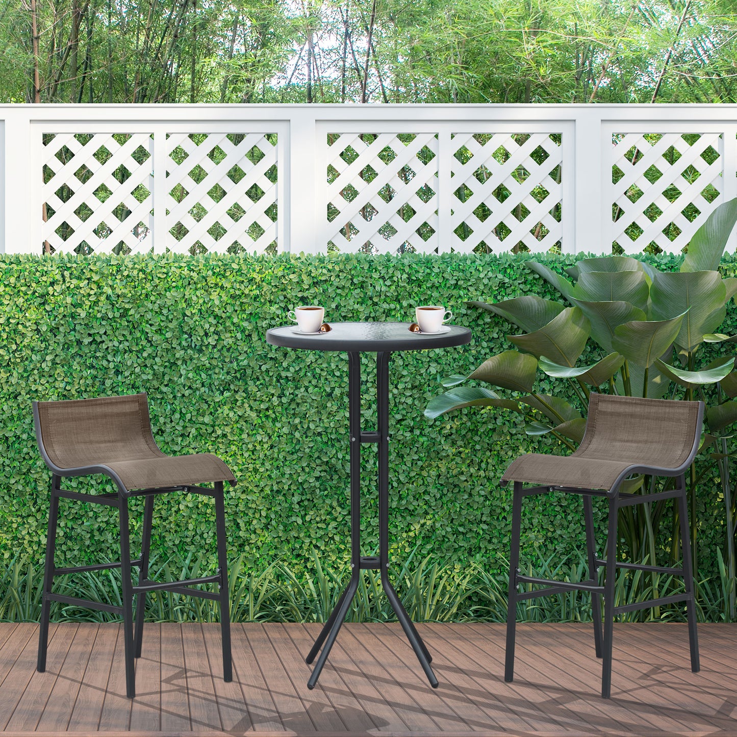 Ensemble de bar de patio 3 pièces avec 2 tabourets de bar et 1 table de bar en verre trempé, beige