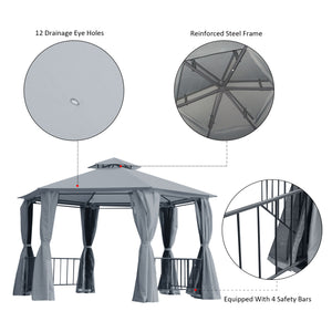 Outsunny 13ft Hexagon Gazebo Outdoor Canopy Shelter with Netting and Shaded Curtains Gray |