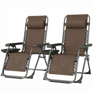 Ensemble de 2 chaises longues d'extérieur Zero Gravity, pliantes et inclinables, avec porte-gobelet et appui-tête, marron