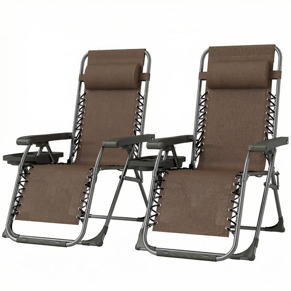 Ensemble de 2 chaises longues d'extérieur Zero Gravity, pliantes et inclinables, avec porte-gobelet et appui-tête, marron