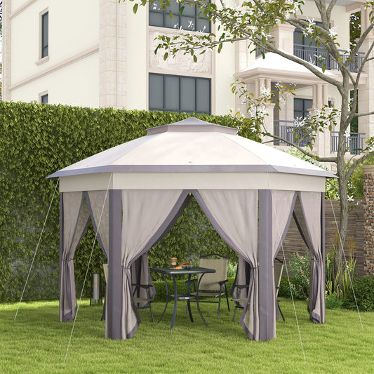 Gazebo pliant 13' x 13' avec filet et sac de transport, hexagonales, café et beige