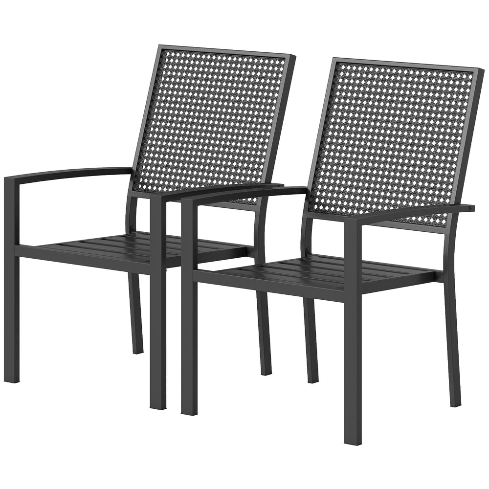 Stackable Patio Chairs Set of 2, Outdoor Dining Chairs with Faux Wicker Steel Mesh Back, Slatted Seat, Armrests, Black