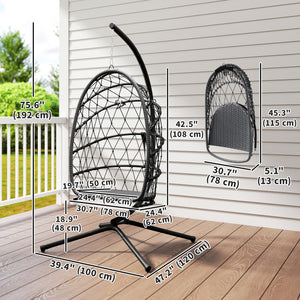 Fauteuil suspendu œuf avec support, balancelle pliable en rotin tressé avec coussin épais et corde de sécurité, gris