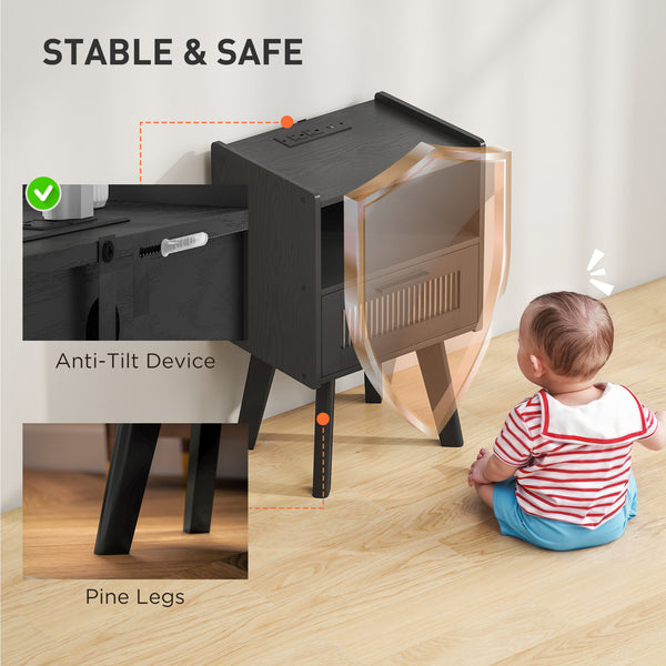 Lot de 2 tables de chevet modernes avec station de charge, noir