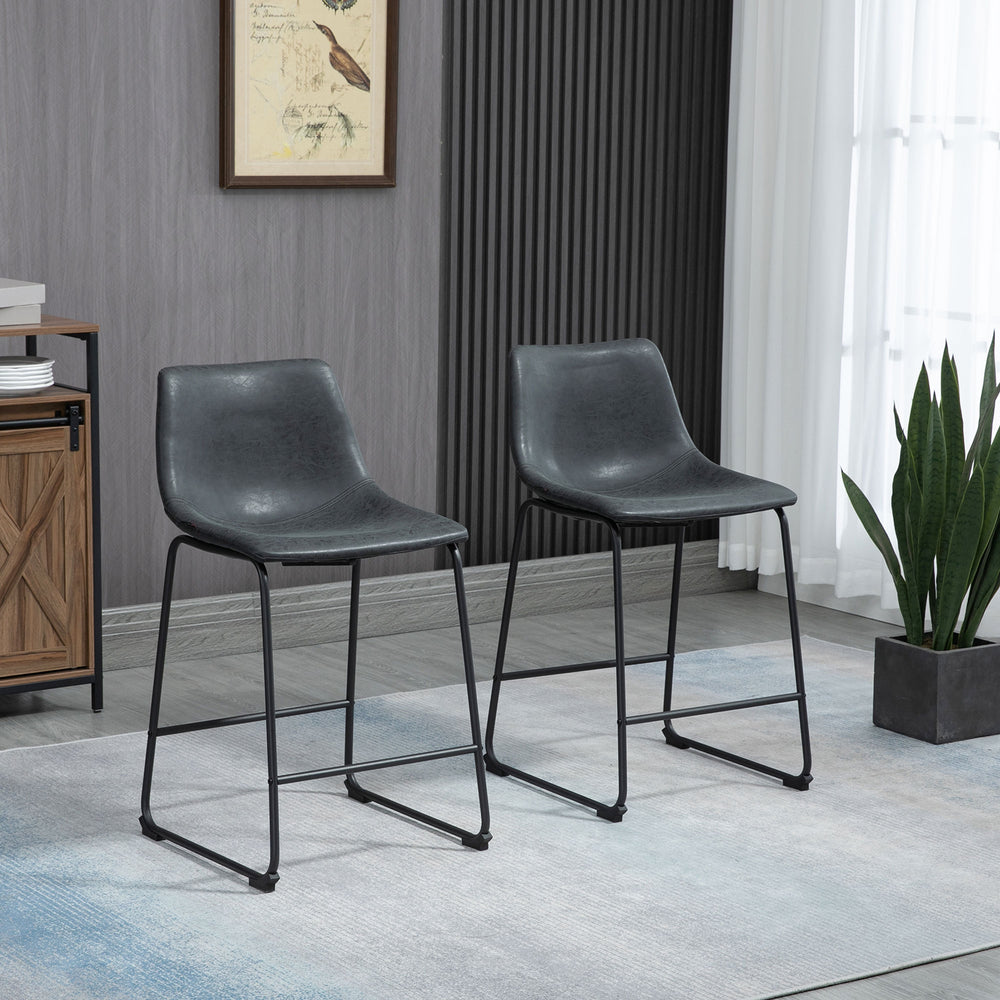 Set of 2 vintage-style bar stools in faux leather, black