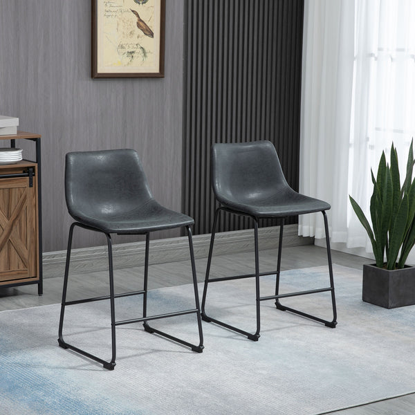 Set of 2 vintage-style bar stools in faux leather, black