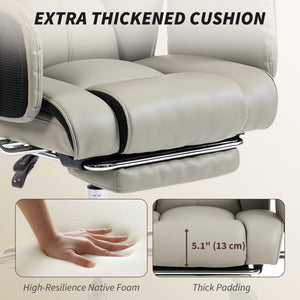 Upholstered reclining office chair with high back, faux leather upholstery, footrest, swivel casters, grey