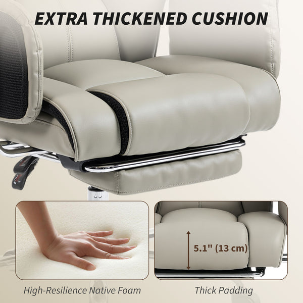 Upholstered reclining office chair with high back, faux leather upholstery, footrest, swivel casters, grey