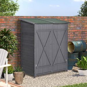 Abri de jardin avec toit en asphalte, double porte en bois, étagère, vert et gris