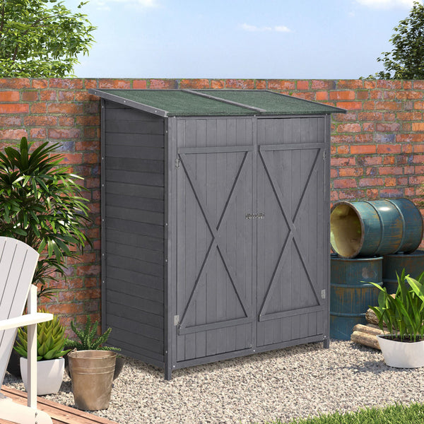 Abri de jardin avec toit en asphalte, double porte en bois, étagère, vert et gris