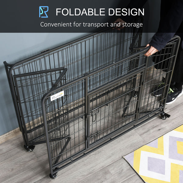 Cage pliable et robuste avec double porte, roulettes verrouillables et plateau