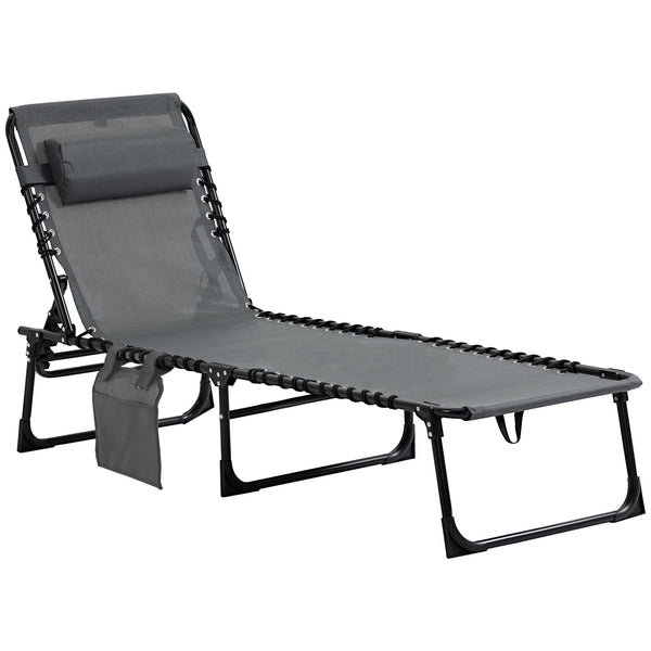 Chaise longue pliante avec dossier réglable et coussin amovible, gris