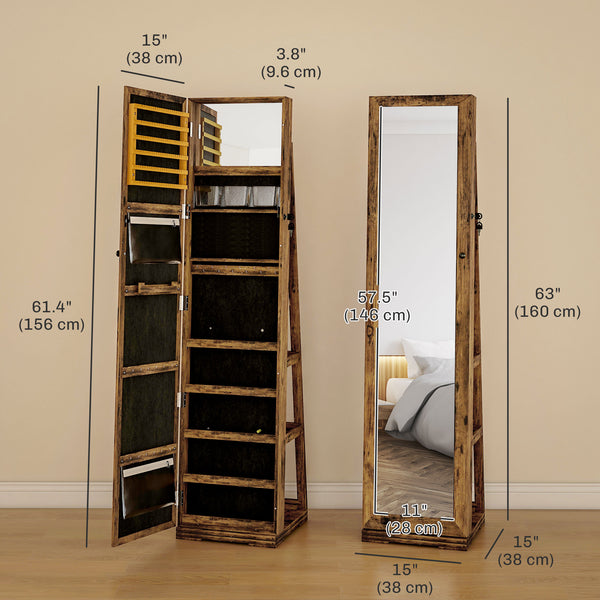 Armoire à bijoux pivotante à 360°, verrouillable, avec miroir intégré, brun rustique