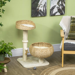 71cm Cat Tree with Scratching Post and 2 Beds, Beige