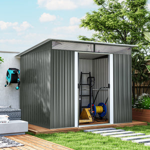 Abri de jardin en métal 6' x 8,5', rangement d'outils utilitaires, maison de jardin en acier, gris foncé