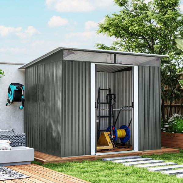 Abri de jardin en métal 6' x 8,5', rangement d'outils utilitaires, maison de jardin en acier, gris foncé