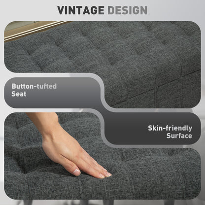 Pouf de rangement, banc de chevet en tissu lin avec capitonnage à boutons, gris