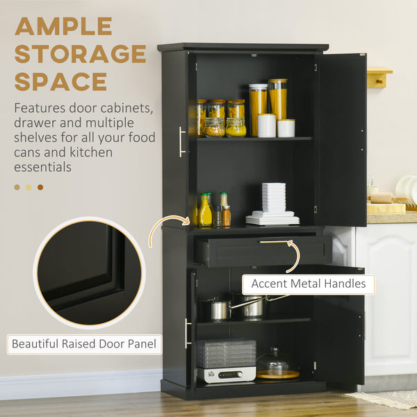 72" Kitchen Pantry Cabinet, Freestanding Storage Cabinet, 4-Door Cabinet with Drawer and Adjustable Shelves, Black