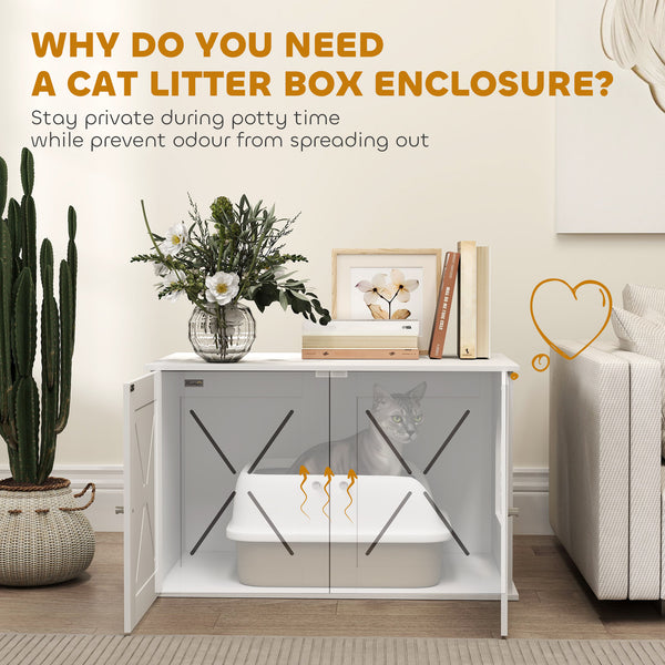 Concealed litter box cabinet with double doors, white