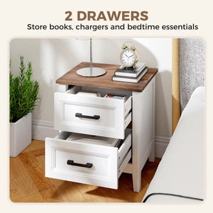 Ensemble de 2 tables de chevet style ferme, avec 2 tiroirs, plateau effet bois, blanches