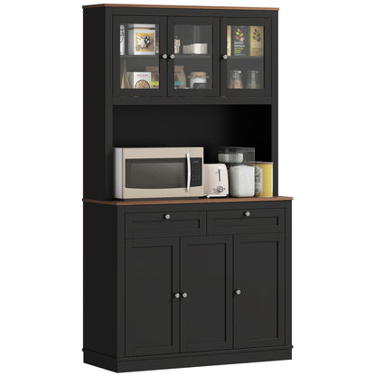 Armoire de rangement avec espace micro-ondes, buffet avec huche, 2 tiroirs, étagères réglables et portes vitrées, noir