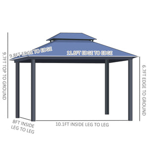 Gazebo 10 x 12 avec toit rigide en aluminium, double pente, rideaux et parois latérales en filet, noir et gris