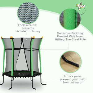 Trampoline 64" pour enfants, intérieur/extérieur, avec filet de protection, poteau élastique épais et rembourré, pour les 3 à 10 ans, vert