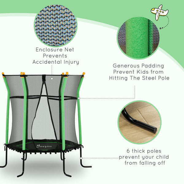 Trampoline 64" pour enfants, intérieur/extérieur, avec filet de protection, poteau élastique épais et rembourré, pour les 3 à 10 ans, vert