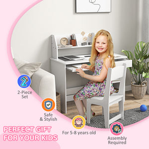 Kids Desk and Chair Set for 5-8 Year Olds with Storage, Study Table and Chair, White