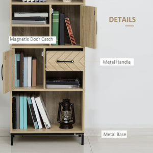 Bibliothèque 59", étagère de rangement avec armoires, tiroirs et compartiments ouverts, bois naturel