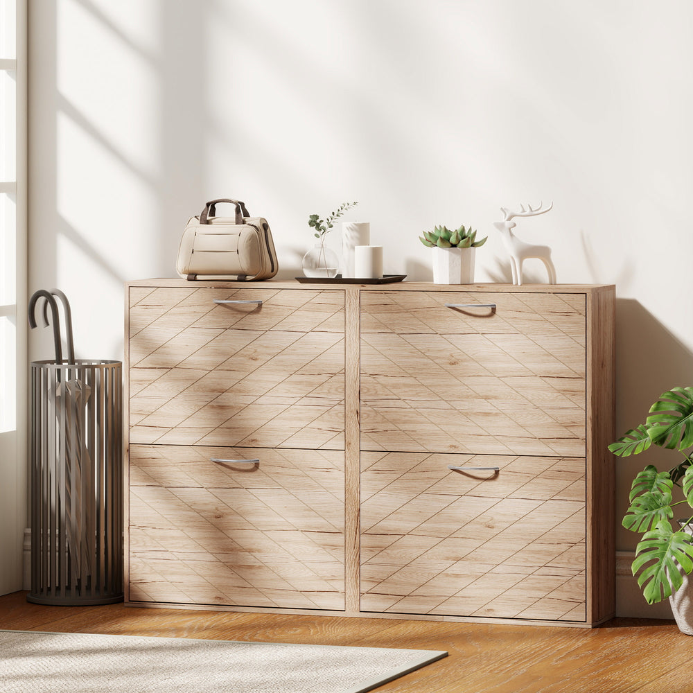 Meuble à chaussures vec 4 tiroirs rabattables pour 12 paires de chaussures, couleur chêne.