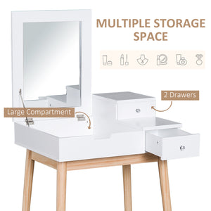 Coiffeuse avec miroir rabattable et 2 tiroirs, blanche
