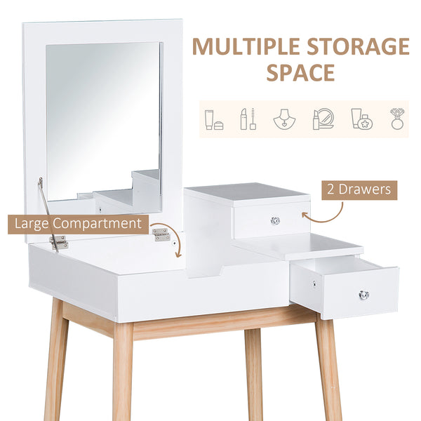 Coiffeuse avec miroir rabattable et 2 tiroirs, blanche