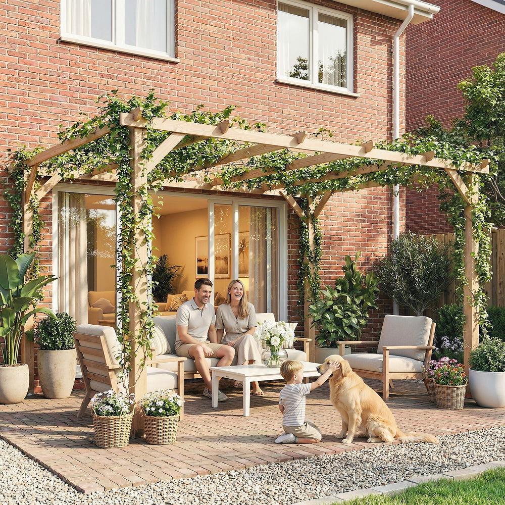 Pergola en bois 10' x 13', supports triangulaires, ancrages en béton, bois naturel