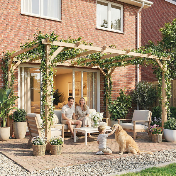 Pergola en bois 10' x 13', supports triangulaires, ancrages en béton, bois naturel