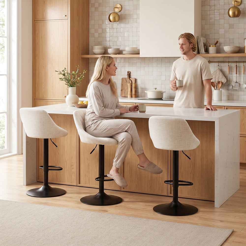 Lot de 3 tabourets de bar, tabourets de comptoir pivotants avec dossier, chaises de bar réglables aspect lin, blanc cassé