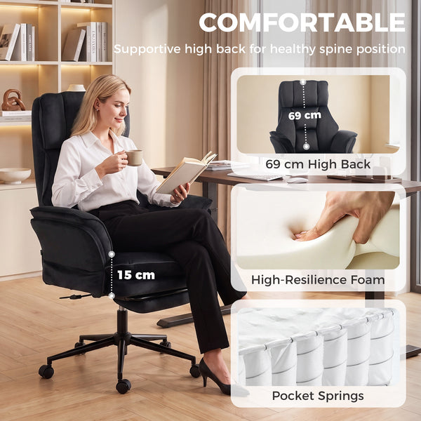 Chaise de bureau inclinable en velours avec repose-pieds et accoudoirs relevables, noir