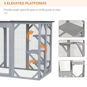 Wooden Cat Cage with Waterproof Roof, Multi-Level Platforms, Lockable, Grey
