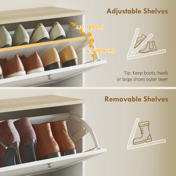 Meuble à chaussures moderne avec 4 tiroirs à charnières et étagères réglables, pour 18 à 24 paires de chaussures, blanc