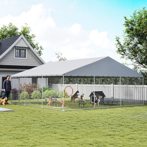 Heavy Duty Outdoor Dog Kennel with Waterproof Roof, Secure Latch, Chain Link Dog Run for Backyard, 19.7' x 19.7' x 8.9'