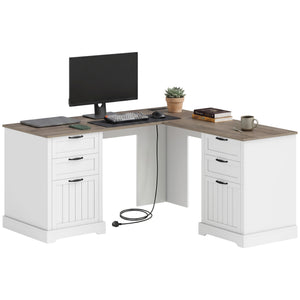 L Shaped Computer Desk with Power Outlets & USB Charging, Corner Desk with 6 Drawers, Hanging Bar, Brown and White