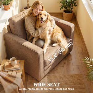 Occasional armchair in velvet-effect fabric with a wide seat, spring cushion, solid wood legs, brown