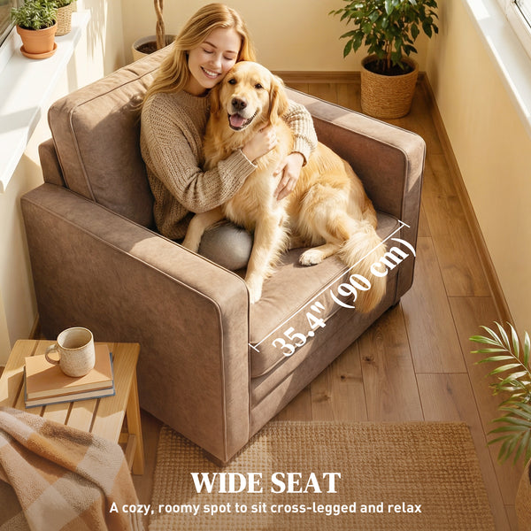 Occasional armchair in velvet-effect fabric with a wide seat, spring cushion, solid wood legs, brown