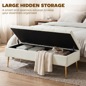 Banc de chambre capitonné avec pieds en métal doré et rembourrage épais, beige