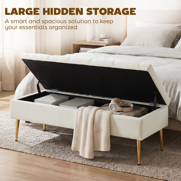 Banc de chambre capitonné avec pieds en métal doré et rembourrage épais, beige