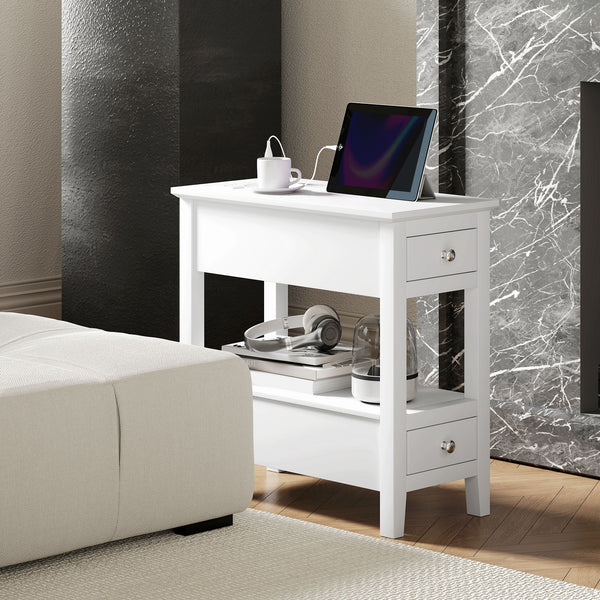 Table d'appoint étroite avec station de charge et ports USB, blanche